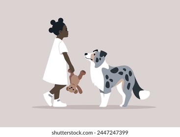 Little Girls Afternoon Walk With Her blue marble border collie dog and Teddy Bear, A young kid strolls with her loyal pup, holding a toy, sharing a moment of innocent playtime