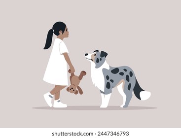 Little Girls Afternoon Walk With Her blue marble border collie dog and Teddy Bear, A young kid strolls with her loyal pup, holding a toy, sharing a moment of innocent playtime