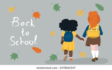 Little girls with backpack go to school for the first time. Back to school concept. 