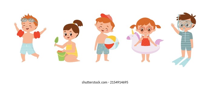 Little girls and boys having good time on beach: swimming in sea, playing with sand, active leisure. Summer holidays, vacation concept. Vector cartoon illustration on white background