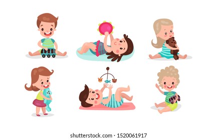Little Girls And Boys Playing Having Fan With Various Toys, Vector Illistrations Set