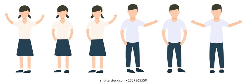 Little girls and boys standing. Children in different poses collection. Vector illustration isolated on white.