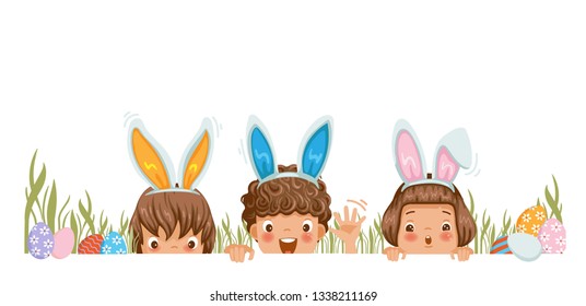 Little girls with bunny ears. Gradually emerged step with copy space. Waiting for the easter rabbit. Laughing Children with bunny ears, Suspenders hunting for easter eggs. Different and many character