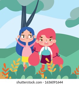 little girls cartoon character facial expression landscape nature background vector illustration
