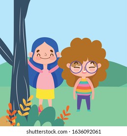 little girls cartoon character facial expression landscape nature background vector illustration