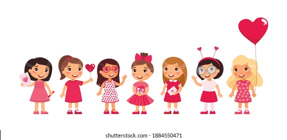 Little girls celebrating Valentine's Day flat vector illustration. Kids wearing cute pink girlish accessories cartoon characters set. Children holding February 14 holiday presents isolated on white 