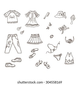 Little Girls Clothes and Accessories - hand drawn doodle set