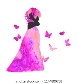 Little girls in colorful dress with butterflies. Childhood dream