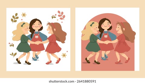 Little girls in colorful dresses dancing in a circle. Happy children enjoying a summer day. Cheerful scene of friendship and joy. Flat vector illustration. Friendship between kids outdoors.