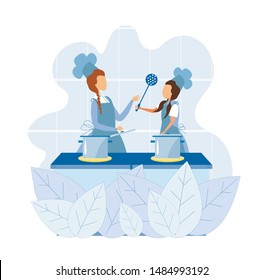 Little Girls in Cooks Uniform Preparing Soup in Pot on Stove Cartoon. Smaller Kid Giving Perforated Spoon to Elder One. Children Cooking Courses. Parents Helpers. Vector Flat Illustration