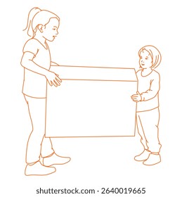 Little girls cooperating while carrying large cardboard box