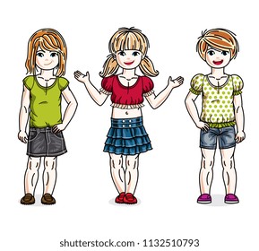 Little girls cute children group standing in stylish casual clothes. Vector diversity kids illustrations set.