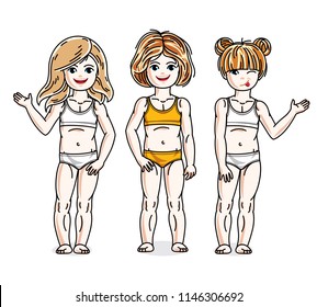 Little girls cute children group standing in colorful bikini. Vector kids illustrations set. Childhood and family lifestyle cartoons.