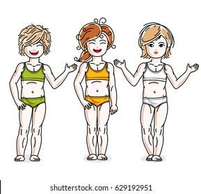 Little girls cute children group standing wearing colorful bikini. Vector kids illustrations set. Childhood and family lifestyle clip art.
