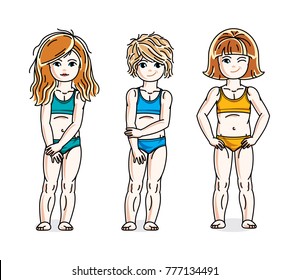 Little girls cute children group standing in colorful bikini. Vector kids illustrations set. Childhood and family lifestyle cartoons.