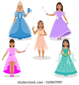 Little girls as cute fairies and princesses in colored dresses isolated on white background. 