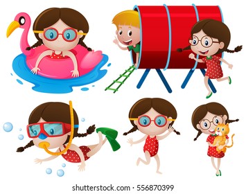 Little girls doing many activities illustration