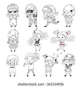 Little girls in doodle style, isolated on white background. Vector set.