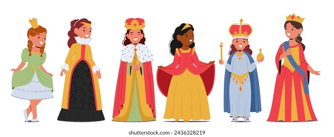 Little Girls Dressed As Princesses And Queen Characters Radiate Joy, Donning Sparkling Tiaras, Flowing Gowns, And Vibrant Costumes, Embodying Fairy Tale Dreams. Cartoon People Vector Illustration