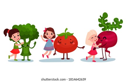 Little Girls Embracing with Humanized Vegetables Vector Set