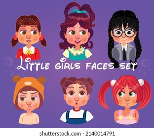 little girls faces set. Cute illustrations of little girls with various hair style. Set of children's faces