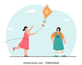 Little girls flying kite vector illustration. Children having fun on summer day. Happy childhood. Outdoor activity, entertainment concept for banner, website design or landing web page