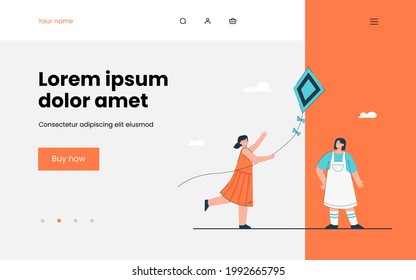 Little girls flying kite vector illustration. Children having fun on summer day. Happy childhood. Outdoor activity, entertainment concept for banner, website design or landing web page