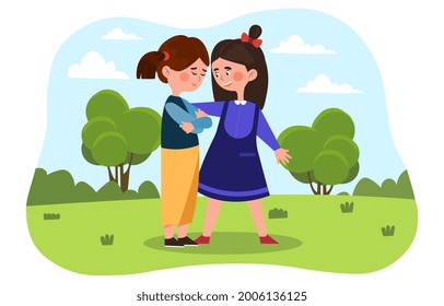 Little girls are friends. Girl in a dress comforts a crying friend. A quarrel between best friends. Children walk and play in the park. Cartoon flat vector illustration isolated on a white background