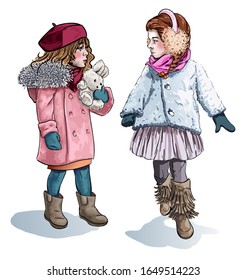 Little girls friends in warm winter cloth isolated hand drawn sketch. Vector illustration of kindergarten girls talking to each other, female with cute rabbit and pink coat, girl in earmuffs and skirt