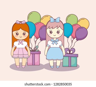 little girls with gifts boxes and balloons helium