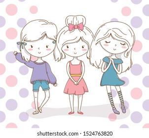 little girls group with pastel colors and dotted background vector illustration design