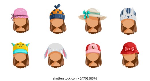 Little girl's hat set. Collection of female faces.  Userpics of hair style different kids. Variety and different types of fashion. Vector illustration.