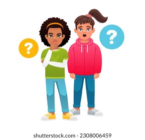 Little girls have questions. Portrait of thoughtful schoolchildren. Smart, thinking kids who solve problems. Two babies surrounded by question bubbles. Children's problems. Vector illustration.