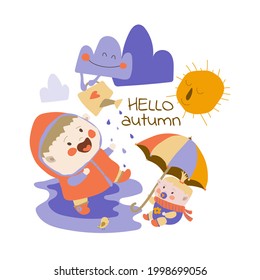  Little girls are having fun in the rain. Friends rejoice in the beginning of autumn. Vector illustration in cartoon style on white background. Hand drawing. Isolate. Suitable for printing postcards.