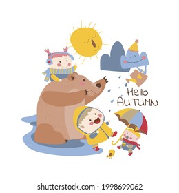  Little girls are having fun in the rain. Friends rejoice in the beginning of autumn. Vector illustration in cartoon style on white background. Hand drawing. Isolate. Suitable for printing postcards.