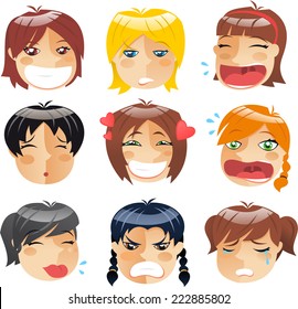 Little girls head people avatar profile faces Front view set, vector illustration. 