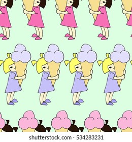 Little girls with ice-cream. Seamless pattern on light blue background.