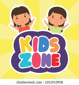 little girls with kids zone lettering vector illustration design