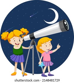 Little girls looking through telescope at night illustration