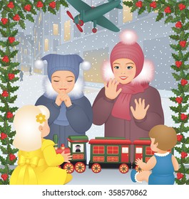 Little girls looking through a window in toyshop decorated for Christmas holidays.