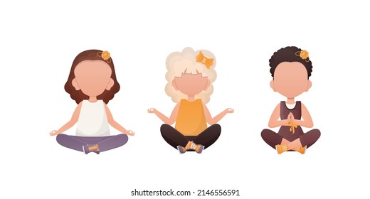 Little girls are meditating. Cute yoga, mindfulness and relaxation. Cartoon style. Set isolated on a white background.