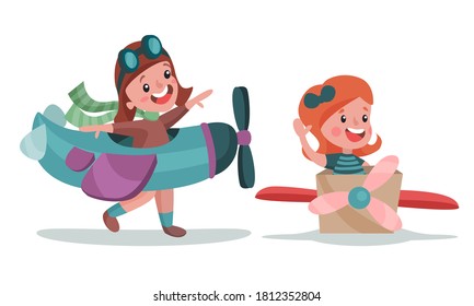 Little Girls in Pilot Costume Playing with Plane Vector Illustration Set