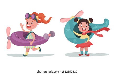 Little Girls in Pilot Costume Playing with Plane Vector Illustration Set