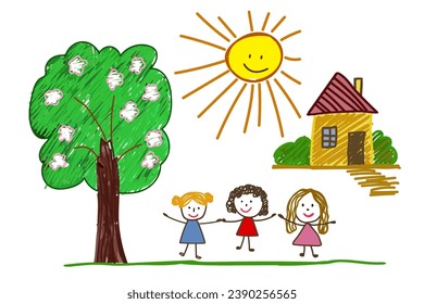 Las niñas juegan cerca de la casa. Dibujo infantil para guardería, sala de juegos. Niños, árbol, sol, casa. Ilustración del vector aislada en fondo blanco