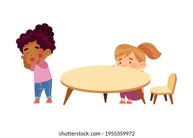 Little Girls Playing Hide and Seek Game in Kindergarden Vector Illustration