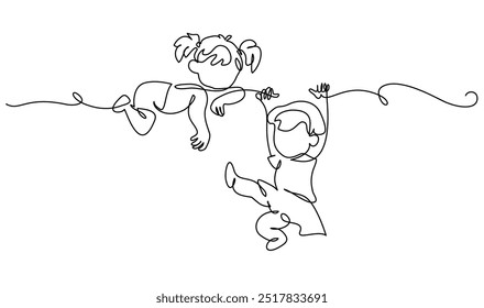 Little girls playing on branch of tree. Siblings playing together. Kids playing in playground. Children look happy. Continuous One line drawing. Vector illustration graphic design