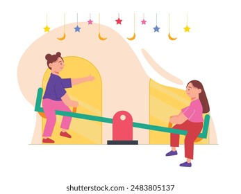 Little girls playing seesaw together, decorated with stars and moon hangers. Character design. Vector flat illustration