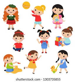 Little girls playing with toys. White background.