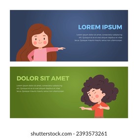 Little girls point fingers at text template. Kid draw attention with hand gesture at information. Vector illustration set for banners or landing pages.
