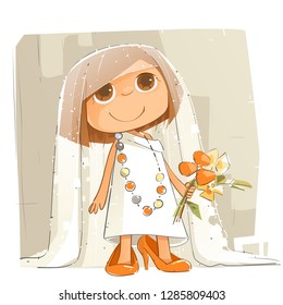 Little Girl's Pretending She Is a Beautiful Bride.